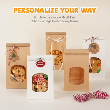 50 Pack Bakery Bags with Window, 3.9x2.3x8 Inches Tin Tie Tab Paper Cookie Bags Brown Small Gift Bag for Packaging Popcorn, Trail Mix, Treats, Snacks, Baked Goods, Party Favors | Grease Resistant, Resealable.