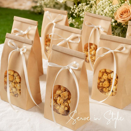 50 Pack Bakery Bags with Window, 3.9x2.3x8 Inches Tin Tie Tab Paper Cookie Bags Brown Small Gift Bag for Packaging Popcorn, Trail Mix, Treats, Snacks, Baked Goods, Party Favors | Grease Resistant, Resealable.
