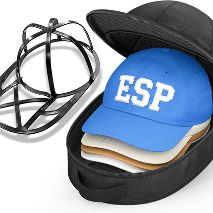 Hat Travel Case for Baseball Caps, Cap Carrier with Plastic Holder & Carrying Handle, Holds up to 6 Caps Hat Bag for Luggage, Suitcase (Black).