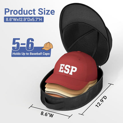 Hat Travel Case for Baseball Caps, Cap Carrier with Plastic Holder & Carrying Handle, Holds up to 6 Caps Hat Bag for Luggage, Suitcase (Black).