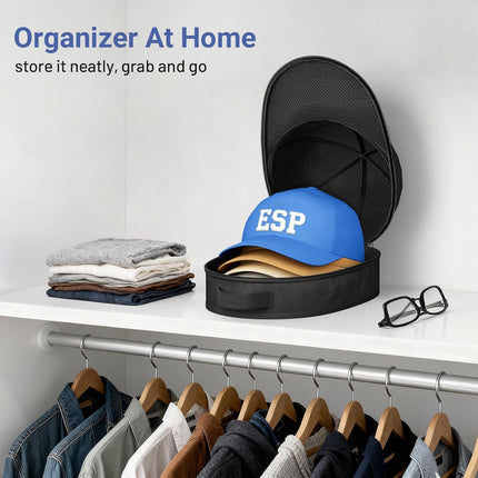 Hat Travel Case for Baseball Caps, Cap Carrier with Plastic Holder & Carrying Handle, Holds up to 6 Caps Hat Bag for Luggage, Suitcase (Black).