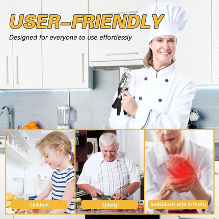 Commercial Heavy-Duty Manual Can Opener with Easy-Turn Crank, Long Rubber Handle & Magnetic Lid Holder.