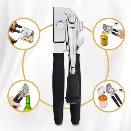 Commercial Heavy-Duty Manual Can Opener with Easy-Turn Crank, Long Rubber Handle & Magnetic Lid Holder.