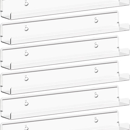 Narrow Floating Shelves for Vinyl Record 6 Pack, 12" Clear Wall Shelves for Nail Polish/Book/Picture/Makeup, Acrylic Wall Display Shelf Organizer for Bedroom, Living Room, Bathroom Decor.