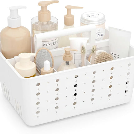 Shower Caddy Portable, Cleaning Supplies Caddy Organizer with Handle and Adjtable Dividers, Plastic Shower Basket for Dorm Room Essentials, College, Bathroom, White, 1 Pack.