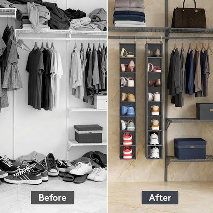 Closet Shoe Organizer Hanging 8 Tier, Fabric Shoe Hanging Organizer for Closet, Collapsible Closet Organizers and Storage for Shelf, Wardrode, Dorm, 11.8" L X 5.9" W X 40.9" H, Gray.