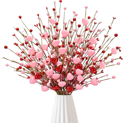 Valentines Day Decorations, Valentine Artificial Flowers Picks Pink Red Heart Shaped Berry Stems Valentines Day Gifts for Home Wedding Candlelight Dinner Anniversary Birthday Party Office Table Decor.