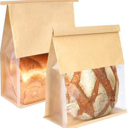 50 Pack Bread Bags with Tabs for Homemade Sourdough Bread, 8.7x4.3x11 Inches Tin Tie Tab Lock Large Paper Bakery Packaging Bags with Window for Gifting & Bake Sale | Thick Material, Grease Resistant, Self Standing.