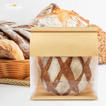 50 Pack Bread Bags with Tabs for Homemade Sourdough Bread, 8.7x4.3x11 Inches Tin Tie Tab Lock Large Paper Bakery Packaging Bags with Window for Gifting & Bake Sale | Thick Material, Grease Resistant, Self Standing.