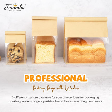 50 Pack Bread Bags with Tabs for Homemade Sourdough Bread, 8.7x4.3x11 Inches Tin Tie Tab Lock Large Paper Bakery Packaging Bags with Window for Gifting & Bake Sale | Thick Material, Grease Resistant, Self Standing.