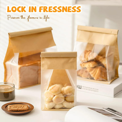 50 Pack Bread Bags with Tabs for Homemade Sourdough Bread, 8.7x4.3x11 Inches Tin Tie Tab Lock Large Paper Bakery Packaging Bags with Window for Gifting & Bake Sale | Thick Material, Grease Resistant, Self Standing.