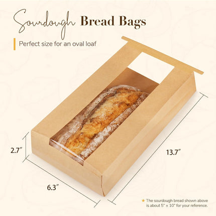 50 Pack Long Paper Bread Bags with Tabs for Homemade Sourdough, Resealable Bakery Bags with Window for Oval Sourdough Bread, Loaves, Pastries, Baguettes (6.3x2.7×13.7 Inches) | Grease Resistant.
