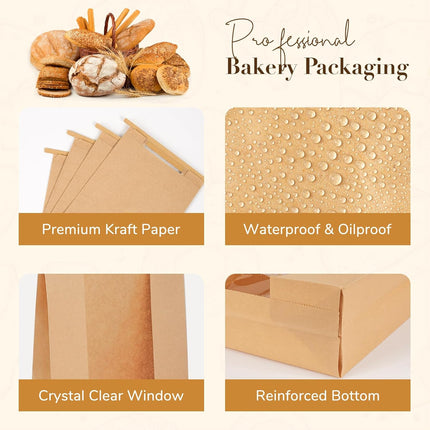 50 Pack Long Paper Bread Bags with Tabs for Homemade Sourdough, Resealable Bakery Bags with Window for Oval Sourdough Bread, Loaves, Pastries, Baguettes (6.3x2.7×13.7 Inches) | Grease Resistant.