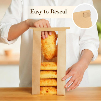 50 Pack Long Paper Bread Bags with Tabs for Homemade Sourdough, Resealable Bakery Bags with Window for Oval Sourdough Bread, Loaves, Pastries, Baguettes (6.3x2.7×13.7 Inches) | Grease Resistant.