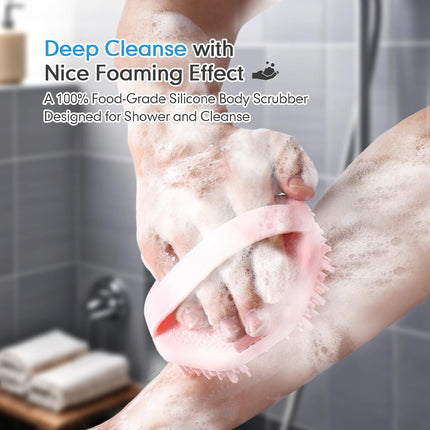 Silicone Body Scrubber with Foaming Effect, Food-Grade Safe, Pink, Soft Dense Bristles for Deep Cleansing.