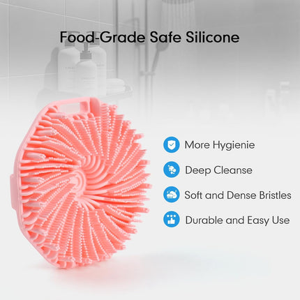 Silicone Body Scrubber with Foaming Effect, Food-Grade Safe, Pink, Soft Dense Bristles for Deep Cleansing.