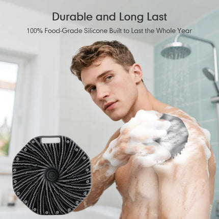 Silicone Body Scrubber with Foaming Effect, Food-Grade Safe, Pink, Soft Dense Bristles for Deep Cleansing.