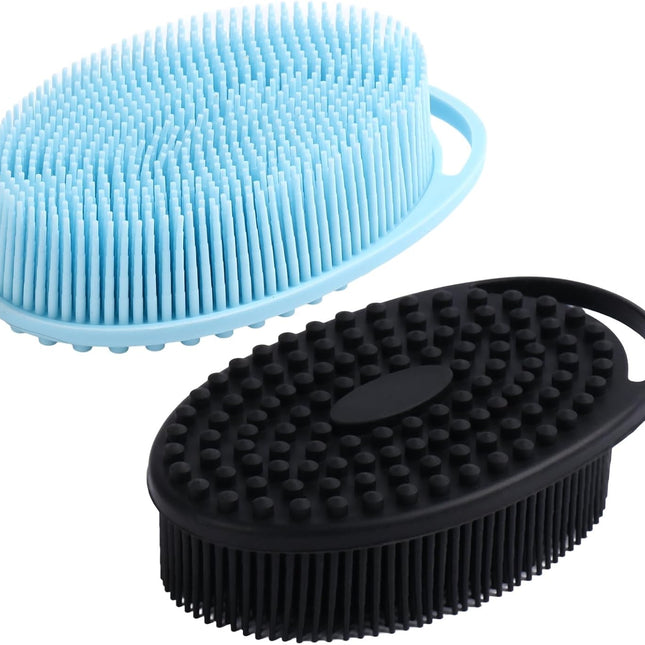 Silicone Body Scrubber for Shower, Dual-Sided Exfoliating Brh, Massage and Deep Cleanse, Black and Blue, 2 Pack.