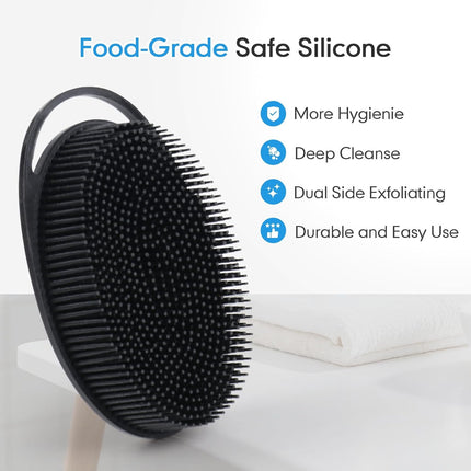 Silicone Body Scrubber for Shower, Dual-Sided Exfoliating Brh, Massage and Deep Cleanse, Black and Blue, 2 Pack.