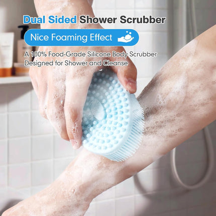 Silicone Body Scrubber for Shower, Dual-Sided Exfoliating Brh, Massage and Deep Cleanse, Black and Blue, 2 Pack.