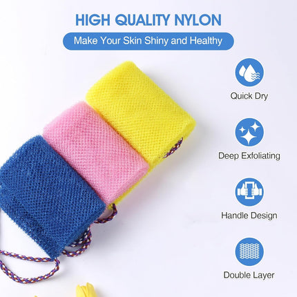 3 Pcs African Net Bath Sponge Double Layer Exfoliating Washcloth Body Scrubber with Handle for Adult and Kids.