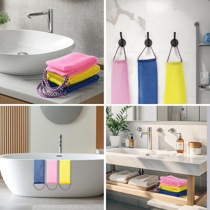3 Pcs African Net Bath Sponge Double Layer Exfoliating Washcloth Body Scrubber with Handle for Adult and Kids.