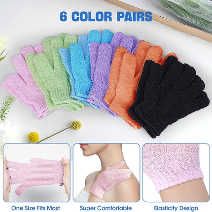6 Pairs Exfoliating Bath Gloves Mitt Body Scrubber for Shower, Spa, Massage, Dead Skin Remover Bathing Accessories Women Men.