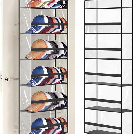 Clear Over The Door Hat Racks for Baseball Caps, Large Holds up to 72 Caps Hat Storage Organizer for Closet Wall, Deep Pockets Hanging Hat Holder with 3 Hooks, Black.