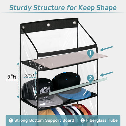 Clear Over The Door Hat Racks for Baseball Caps, Large Holds up to 72 Caps Hat Storage Organizer for Closet Wall, Deep Pockets Hanging Hat Holder with 3 Hooks, Black.