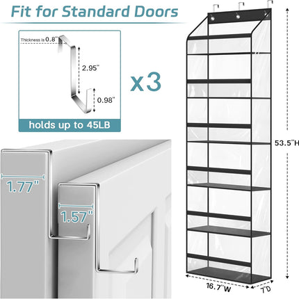 Clear Over The Door Hat Racks for Baseball Caps, Large Holds up to 72 Caps Hat Storage Organizer for Closet Wall, Deep Pockets Hanging Hat Holder with 3 Hooks, Black.
