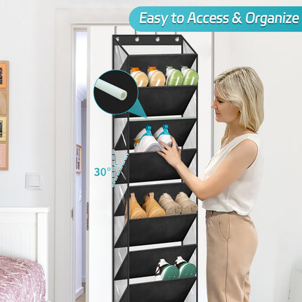 10 Tier Clear Over the Door Shoe Organizer Storage, Deep Pockets Large Hanging Shoe Rack for Closet Door, Fit 20 Pairs Shoe Holder Hanger for Sneakers, Boots (Black).