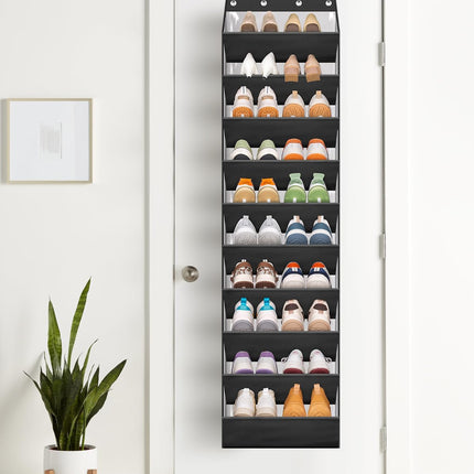 10 Tier Clear Over the Door Shoe Organizer Storage, Deep Pockets Large Hanging Shoe Rack for Closet Door, Fit 20 Pairs Shoe Holder Hanger for Sneakers, Boots (Black).
