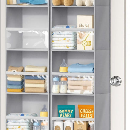 2 Pack Over the Door Organizer, Large Capacity Closet Door Hanging Organizer, Clear Deep Pockets Baby Organizer Storage for Nursery, Bathroom, Bedroom, Pantry, Diapers (Grey).