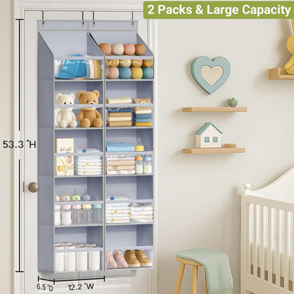 2 Pack Over the Door Organizer, Large Capacity Closet Door Hanging Organizer, Clear Deep Pockets Baby Organizer Storage for Nursery, Bathroom, Bedroom, Pantry, Diapers (Grey).