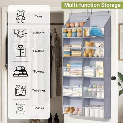 2 Pack Over the Door Organizer, Large Capacity Closet Door Hanging Organizer, Clear Deep Pockets Baby Organizer Storage for Nursery, Bathroom, Bedroom, Pantry, Diapers (Grey).