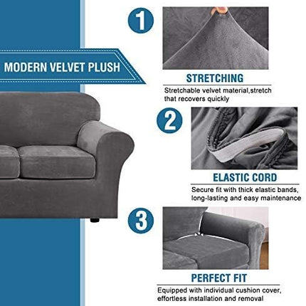 4 Pieces Thick Velvet Sofa Covers Couch Covers for 3 Chion Couch Sofa High Stretch Slipcovers Furniture Protector Form Fit Luxury Couch Cover for Dogs Width Up to 90 Inch(Sofa,Grey).