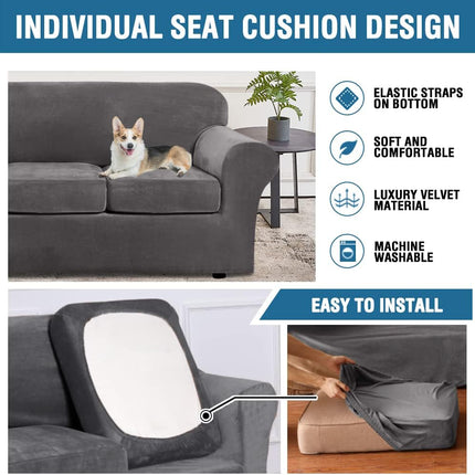 4 Pieces Thick Velvet Sofa Covers Couch Covers for 3 Chion Couch Sofa High Stretch Slipcovers Furniture Protector Form Fit Luxury Couch Cover for Dogs Width Up to 90 Inch(Sofa,Grey).