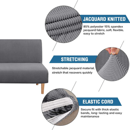 Armless Futon Cover Stretch Sofa Bed Slipcover Protector Elastic Feature Rich Textured High Spandex Small Checks Jacquard Fabric Futon Cover, Machine Washable, Gray.