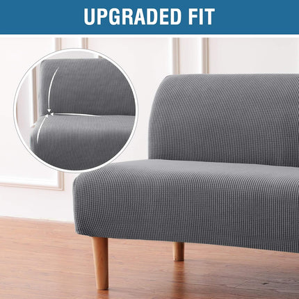 Armless Futon Cover Stretch Sofa Bed Slipcover Protector Elastic Feature Rich Textured High Spandex Small Checks Jacquard Fabric Futon Cover, Machine Washable, Gray.