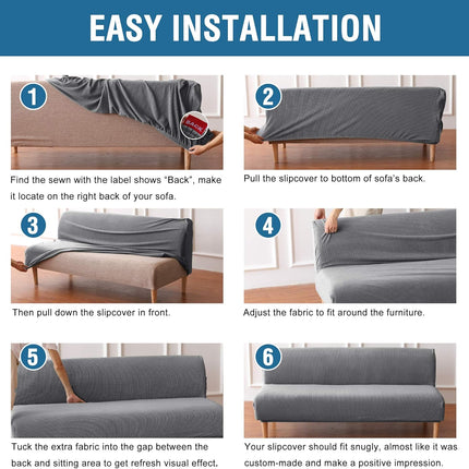 Armless Futon Cover Stretch Sofa Bed Slipcover Protector Elastic Feature Rich Textured High Spandex Small Checks Jacquard Fabric Futon Cover, Machine Washable, Gray.