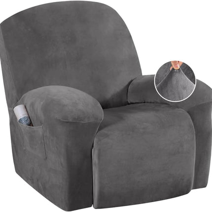 Velvet Recliner Chair Covers 1-Piece for Reclining Chair, Recliner Cover Feature Thick Luxury and Soft Fabric with Elastic Bottom, Anti-Slip Foams Attached (Grey, Large).