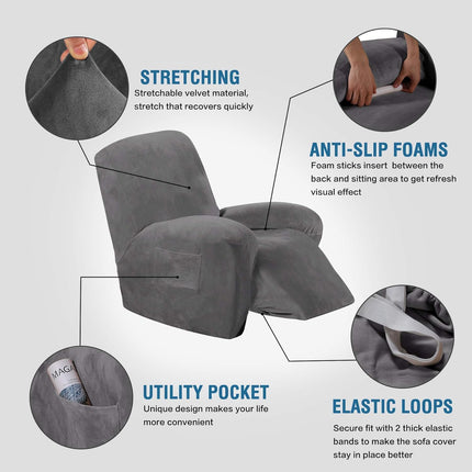 Velvet Recliner Chair Covers 1-Piece for Reclining Chair, Recliner Cover Feature Thick Luxury and Soft Fabric with Elastic Bottom, Anti-Slip Foams Attached (Grey, Large).