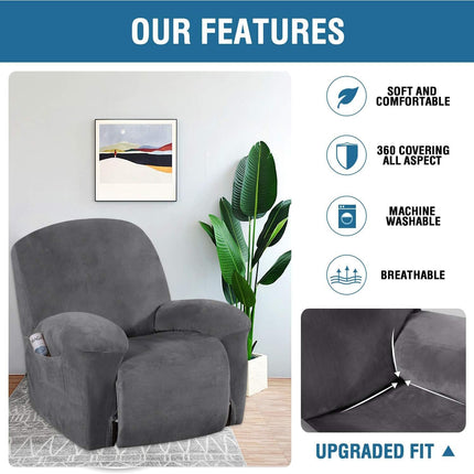 Velvet Recliner Chair Covers 1-Piece for Reclining Chair, Recliner Cover Feature Thick Luxury and Soft Fabric with Elastic Bottom, Anti-Slip Foams Attached (Grey, Large).