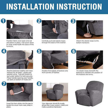 Velvet Recliner Chair Covers 1-Piece for Reclining Chair, Recliner Cover Feature Thick Luxury and Soft Fabric with Elastic Bottom, Anti-Slip Foams Attached (Grey, Large).