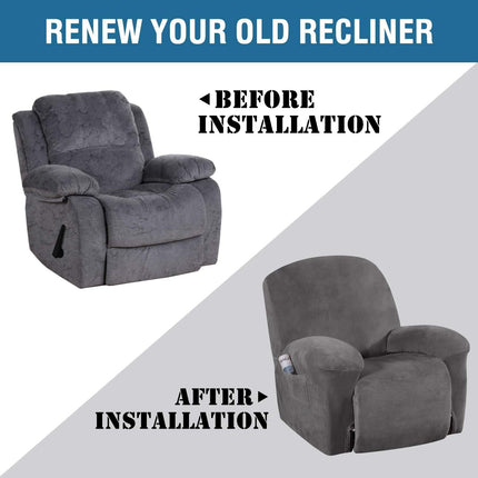 Velvet Recliner Chair Covers 1-Piece for Reclining Chair, Recliner Cover Feature Thick Luxury and Soft Fabric with Elastic Bottom, Anti-Slip Foams Attached (Grey, Large).