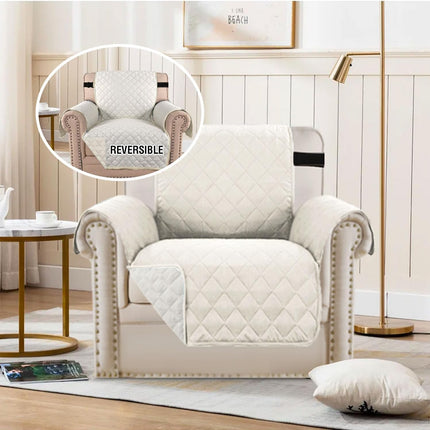 Chair Slipcover Reversible Chair Cover Water Resistant Couch Cover Washable Chair Cover Non-Slip Fabric Furniture Protector with Elastic Strap for Pets(Armchair, Ivory/Beige).