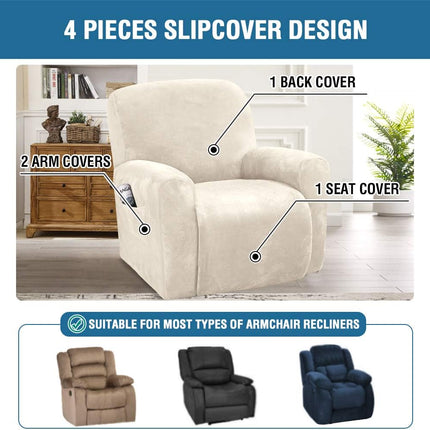 Velvet Stretch Recliner Couch Covers 4-Pieces Style Recliner Chair Covers Recliner Cover for Reclining Chair Slipcovers Feature Non Slip Form Fitted Thick Soft Washable, Ivory.