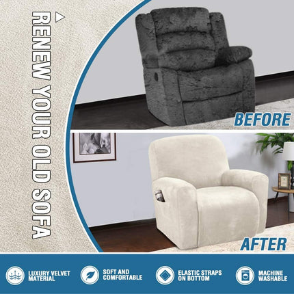 Velvet Stretch Recliner Couch Covers 4-Pieces Style Recliner Chair Covers Recliner Cover for Reclining Chair Slipcovers Feature Non Slip Form Fitted Thick Soft Washable, Ivory.