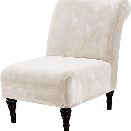 Armless Accent Chair Covers Thick Velvet Armless Chair Slipcovers High Stretch Chair Covers for Living Room Hotel Machine Washable Furniture Protector with Elastic Bottom, Ivory.