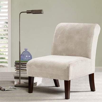 Armless Accent Chair Covers Thick Velvet Armless Chair Slipcovers High Stretch Chair Covers for Living Room Hotel Machine Washable Furniture Protector with Elastic Bottom, Ivory.